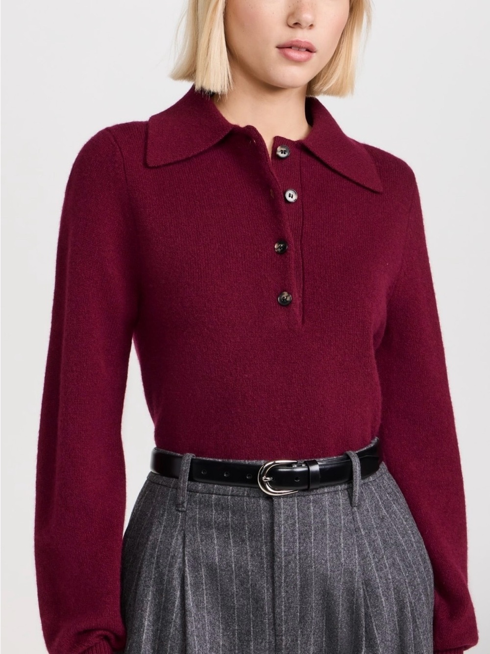 SOLDOUT NYC Wool Collared Long Sleeve Polo Sweater in Deep Wine- S